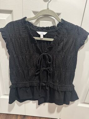 Time and Tru Black Smocked Tie-Front Ruffle Blouse